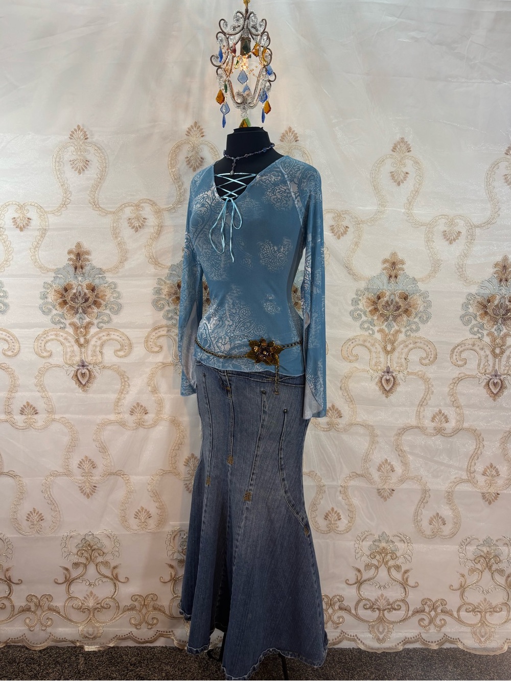 ✨Vintage Y2K Bohemian Blue Sheer Mesh Bell Sleeve Lace Up Blouse✨